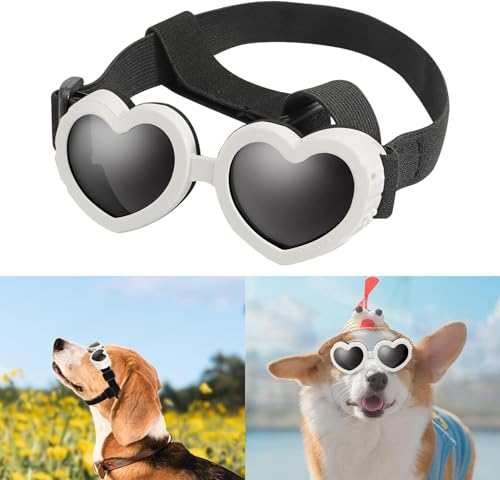 Hundebrille in Herzform, windabweisend, kleine Hunde-Sonnenbrille, Haustierbrille, stilvoll, niedlich, UV-Schutz, Sonnenbrille für Outdoor-Reiten und Spazierengehen, Weiß von Caduola