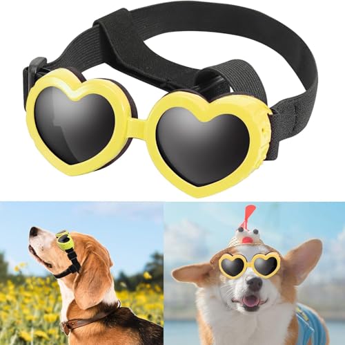 Hundebrille in Herzform, windabweisend, kleine Hunde-Sonnenbrille, Haustierbrille, stilvoll, niedlich, UV-Schutz, Sonnenbrille für Outdoor-Reiten und Spazierengehen (gelb) von Caduola