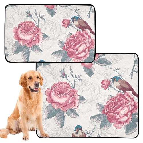 2er Set Hundepinkteppiche groß, waschbare Hundepeppen rutschfest für Haustierbett 61 x 91 cm + 91 x 106 cm, botanisch floral von Caihoyu