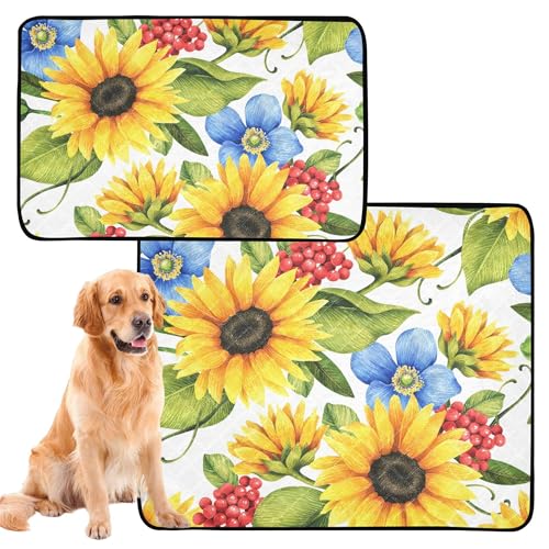 Hunde-Teppich Waschbar, Hundefuttermatte Rutschfest, Strand, 50 x 61 cm, Blumen, gelb, Deko Sonnenblumen, Mohnblumen, 3 Stück von Caihoyu