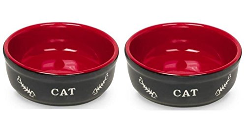 2 er Set Keramiknapf für Katzen - Futternapf und Wassernapf (schwarz/rot) von Cajou