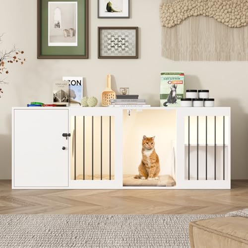 Katzenkäfig,Katzenkloschrank mit 2 Löchern,Katzenhaus für Katzentoilette,Katzenschrank mit 3 Räumen,Abschließbare Glastür,für 1-2 Katzen,Weiß,160x50x57cm,MDF von Caldion