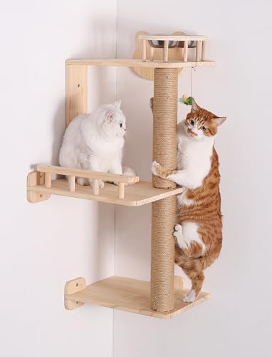 Wandmontierter Eck-Katzenbaum mit Futterspender, 3 Ebenen, Katzenwandregale für Indoor-Katzen, vertikales Klettern, 124,5 cm, Holz, Katzenwandmöbel von Caloreduce