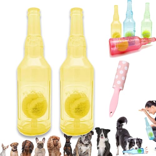 Ball in A Bottle Dog Toy, Hunde-Tennisball-kauspielzeug, Crunch and Play Bottle Toy, Pet Chew Beer Bottle Ball, Squeaky Interactive Dog Toys for Puppy Teething (2Pcs Yellow, L) von Camic