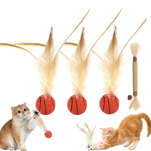 Cat Bouncy Ball With Feather, Feather Ball Cat Toy, Cat Entertainment Bouncy Ball Toy, Interactive Feather Ball Toy Set, Mini Basketball, Soccer & Baseball Pet Toys for Cats and Dogs (3Pcs Basketball) von Camic