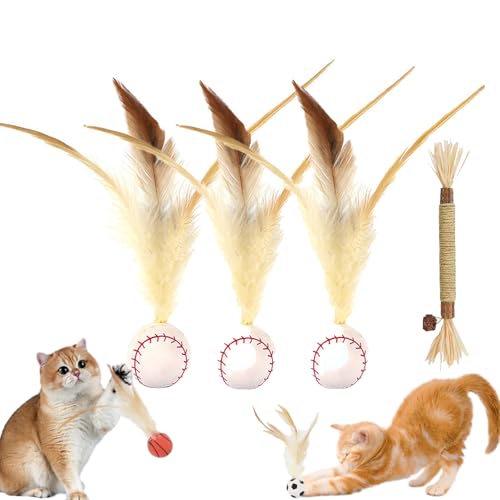 Cat Bouncy Ball with Feather, Feather Ball Cat Toy, Cat Entertainment Bouncy Ball Toy, Interactive Feather Ball Toy Set, Mini Basketball, Soccer & Baseball Pet Toys for Cats and Dogs (3Pcs Baseball) von Camic