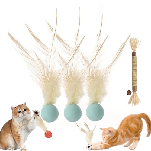 Cat Bouncy Ball with Feather, Feather Ball Cat Toy, Cat Entertainment Bouncy Ball Toy, Interactive Feather Ball Toy Set, Mini Basketball, Soccer & Baseball Pet Toys for Cats and Dogs (3Pcs Green) von Camic