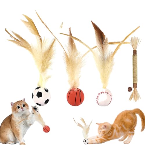 Cat Bouncy Ball with Feather, Feather Ball Cat Toy, Cat Entertainment Bouncy Ball Toy, Interactive Feather Ball Toy Set, Mini Basketball, Soccer & Baseball Pet Toys for Cats and Dogs (A-Mix) von Camic