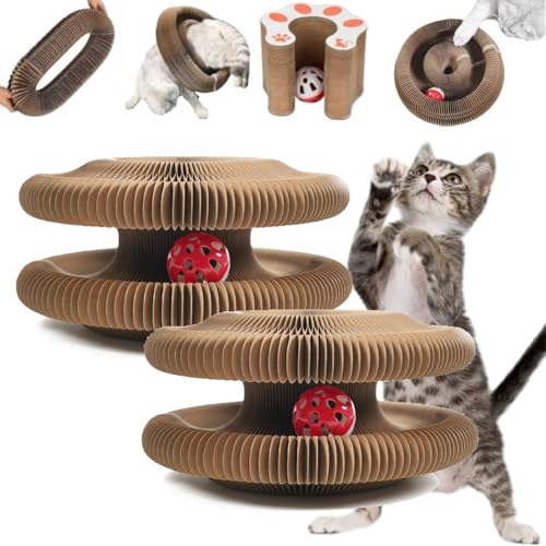 Cat Kurlz, Magic Organ Cat Scratching Board Kurlz Toy, Interactive Cardboard Cat Toy, Marlene Round Scratch Board, Foldable Cat Accordion Toy with Bell for Indoor Cats (2 Pcs) von Camic