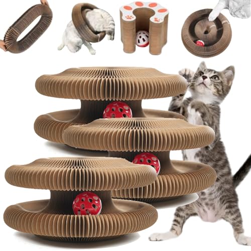 Cat Kurlz, Magic Organ Cat Scratching Board Kurlz Toy, Interactive Cardboard Cat Toy, Marlene Round Scratch Board, Foldable Cat Accordion Toy with Bell for Indoor Cats (3 Pcs) von Camic