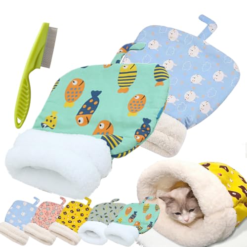 Cat Sleeping Bag for Indoor Cats, Cute Cartoon Cat Nest Bed Soft Plush Cat Cave Bed, Pet Mat Warming Pad Sack, Thickened Pet Pocket Quilt Bed, Washable Warm Bed for Cats (Blue, Green) von Camic