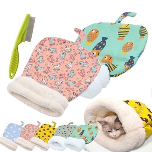 Cat Sleeping Bag for Indoor Cats, Cute Cartoon Cat Nest Bed Soft Plush Cat Cave Bed, Pet Mat Warming Pad Sack, Thickened Pet Pocket Quilt Bed, Washable Warm Bed for Cats (Pink, Green) von Camic