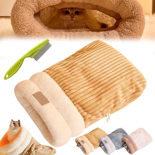 Cat Winter Sleeping Bag, Cat Sleeping Bag for Indoor Cats, Soft Plush Large Cat Sack Self Warm Cat Bed, 360°wrap Comfortable Pet Snuggle Sack, Removable and Washable Cat Sack (Brown, L) von Camic