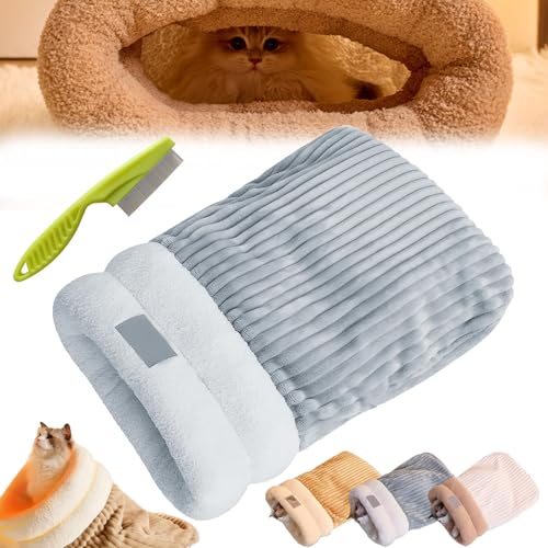 Cat Winter Sleeping Bag, Cat Sleeping Bag for Indoor Cats, Soft Plush Large Cat Sack Self Warm Cat Bed, 360°wrap Comfortable Pet Snuggle Sack, Removable and Washable Cat Sack (Gray-Blue, L) von Camic