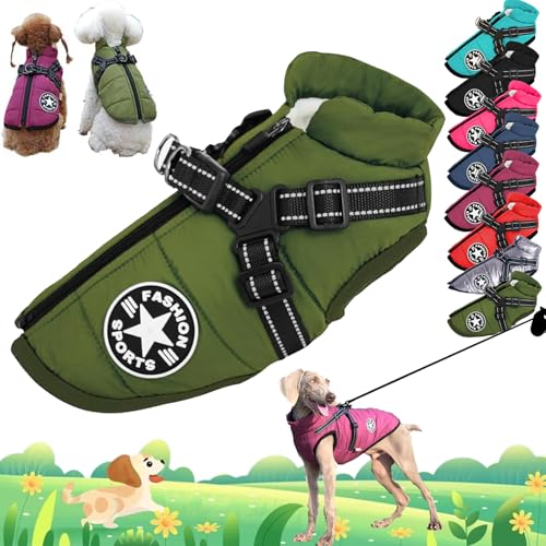 Dog Coat with Harness Built in, Warm Dog Winter Coat, Furry Dog Jacket for Small Medium and Large Dogs, Double Leash Ring Dog Clothing with Reflective Strips (Green, 2XL) von Camic