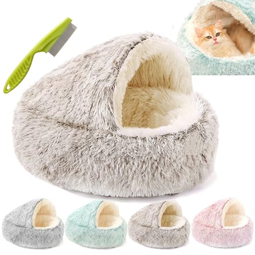 Lapcatz Nest Bed, Dogegis Covered Cat Bed, Semi-Enclosed Pet Nest, Cat Bed Round Plush Fluffy Hooded Calming Cat Bed Cave, Anti-Slip & Washable Cat Cave Bed (Coffee, Long plush-40cm) von Camic