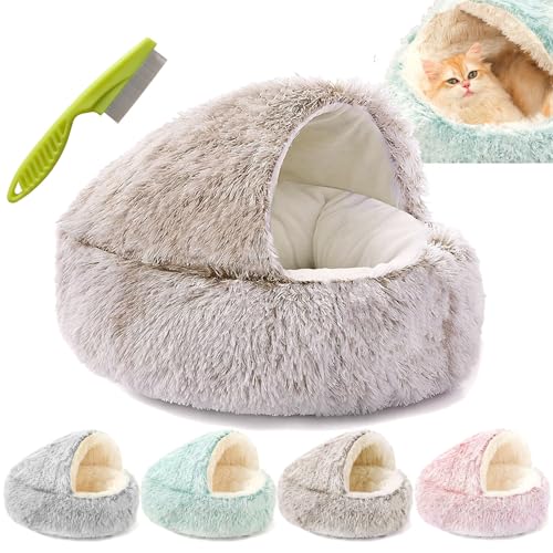 Lapcatz Nest Bed, Dogegis Covered Cat Bed, Semi-Enclosed Pet Nest, Cat Bed Round Plush Fluffy Hooded Calming Cat Bed Cave, Anti-Slip & Washable Cat Cave Bed (Coffee, Short plush-40cm) von Camic