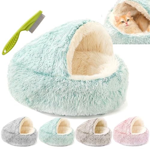 Lapcatz Nest Bed, Dogegis Covered Cat Bed, Semi-Enclosed Pet Nest, Cat Bed Round Plush Fluffy Hooded Calming Cat Bed Cave, Anti-Slip & Washable Cat Cave Bed (Green, Long plush-40cm) von Camic