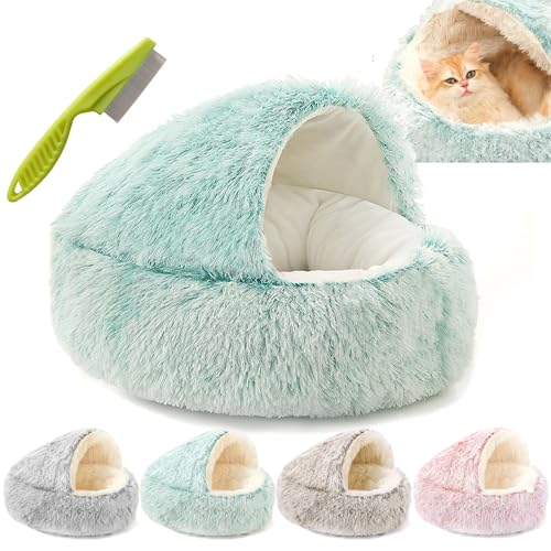 Lapcatz Nest Bed, Dogegis Covered Cat Bed, Semi-Enclosed Pet Nest, Cat Bed Round Plush Fluffy Hooded Calming Cat Bed Cave, Anti-Slip & Washable Cat Cave Bed (Green, Short plush-40cm) von Camic