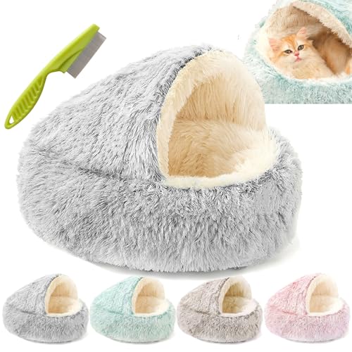 Lapcatz Nest Bed, Dogegis Covered Cat Bed, Semi-Enclosed Pet Nest, Cat Bed Round Plush Fluffy Hooded Calming Cat Bed Cave, Anti-Slip & Washable Cat Cave Bed (Grey, Long plush-40cm) von Camic