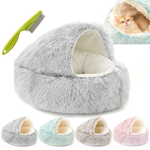 Lapcatz Nest Bed, Dogegis Covered Cat Bed, Semi-Enclosed Pet Nest, Cat Bed Round Plush Fluffy Hooded Calming Cat Bed Cave, Anti-Slip & Washable Cat Cave Bed (Grey, Short plush-40cm) von Camic