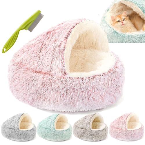 Lapcatz Nest Bed, Dogegis Covered Cat Bed, Semi-Enclosed Pet Nest, Cat Bed Round Plush Fluffy Hooded Calming Cat Bed Cave, Anti-Slip & Washable Cat Cave Bed (Pink, Long plush-50cm) von Camic