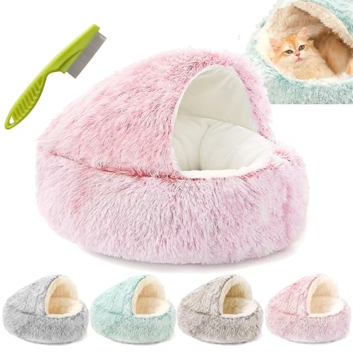 Lapcatz Nest Bed, Dogegis Covered Cat Bed, Semi-Enclosed Pet Nest, Cat Bed Round Plush Fluffy Hooded Calming Cat Bed Cave, Anti-Slip & Washable Cat Cave Bed (Pink, Short plush-40cm) von Camic