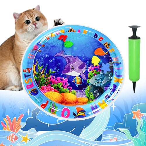 Pet Water Bed for Dogs, Cooling Mat for Dogs/Cat, Water Sensory Playmat with Fish for pet Play, Thickened Inflatable Pet Cat WaterBed Cushion with Inflatable Tube (A, Round) von Camic