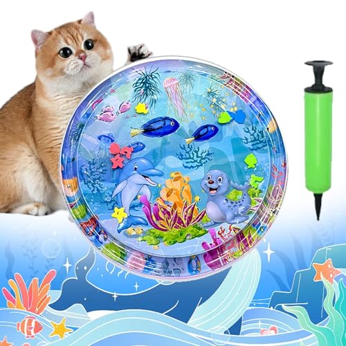 Pet Water Bed for Dogs, Cooling Mat for Dogs/Cat, Water Sensory Playmat with Fish for pet Play, Thickened Inflatable Pet Cat WaterBed Cushion with Inflatable Tube (D, Round) von Camic