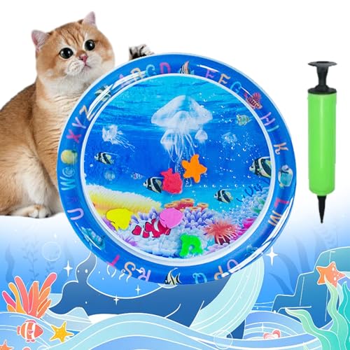 Pet Water Bed for Dogs, Cooling Mat for Dogs/Cat, Water Sensory Playmat with Fish for pet Play, Thickened Inflatable Pet Cat WaterBed Cushion with Inflatable Tube (E, Round) von Camic