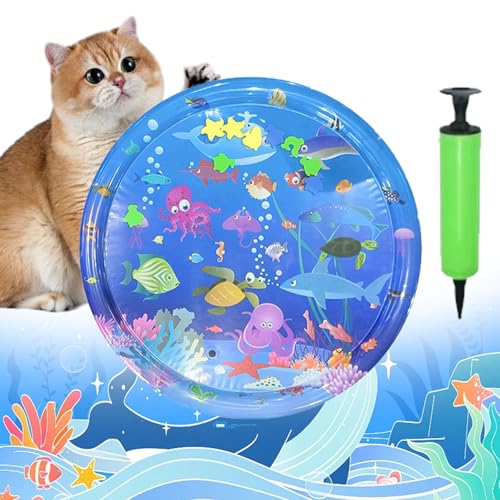 Pet Water Bed for Dogs, Cooling Mat for Dogs/Cat, Water Sensory Playmat with Fish for pet Play, Thickened Inflatable Pet Cat WaterBed Cushion with Inflatable Tube (G, Round) von Camic