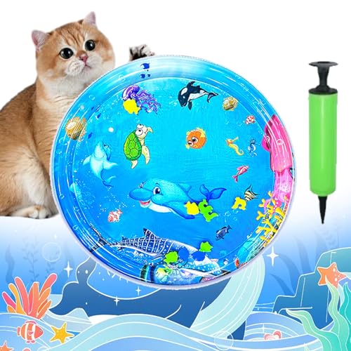 Pet Water Bed for Dogs, Cooling Mat for Dogs/Cat, Water Sensory Playmat with Fish for pet Play, Thickened Inflatable Pet Cat WaterBed Cushion with Inflatable Tube (H, Round) von Camic