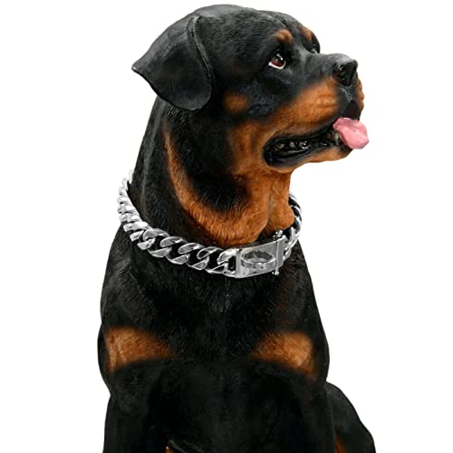 Camidy Silbernes Hundehalsband, 15 mm breit, kubanische Gliederkette, Halsband mit Metallschnalle, D-Ring, Haustier, Welpen, Training, Spaziergang, Halsreif von Camidy