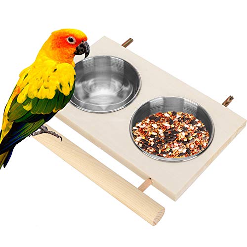 Camidy Vogelkäfig Fütterungsschale Edelstahl Papagei Food Water Feeder mit Holzstand Perch Käfig Zubehör für Sittich Cockatiels Lovebird Budgie Chinchilla von Camidy