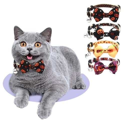 Camiraft 4 STK Halloween Katzenhalsband, Verstellbar Katzenhalsband mit Schleife Bedruckter Kürbis Fledermäuse Muster Katzenhalsband Breakaway mit Silberner Glocke Süßes Halsband für Kätzchen Welpen von Camiraft