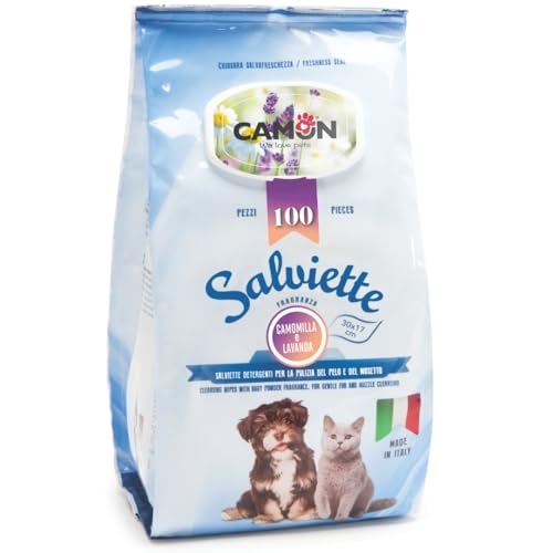 CAMON | Reinigungstücher für Hunde und Katzen, 30 x 17 cm, Packung mit 100 Stück, Duft Lavendel und Kamille, ohne Alkohol und Parabene, hergestellt in Italien von Camon