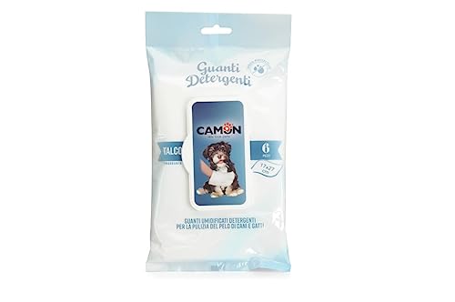 Camon Waschhandschuh zur Reinigung des Fells von Hunden und Katzen Tuch Einweghandschuh mit Talkumduft 17 x 27 cm Wiederverschließbare Packung mit 6 Handschuhen von Camon