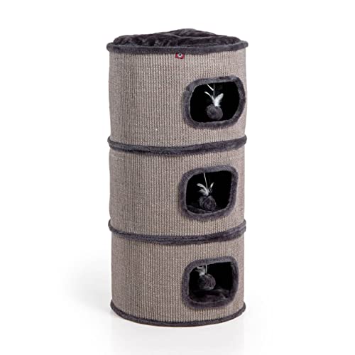 CanadianCat Company | Kratztonne Tony Höhe 90 cm, Spieltonne für Katzen ø 45 cm, Katzenkratzbaum mit 3 Höhlen, Katzenbaum, Kratzturm aus Sisal, Katzenmöbel, Plüsch, dunkelgrau von CanadianCat Company