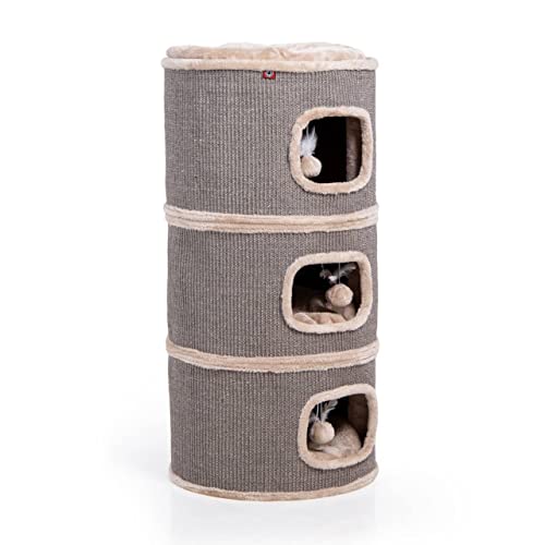 CanadianCat Company | Kratztonne Tony aus Sisal, Höhe 90 cm, Spieltonne für Katzen ø 45 cm, Katzenkratzbaum mit 3 Höhlen, Katzenbaum, Kratzturm aus Sisal, Katzenmöbel, Plüsch mit Spielball, Beige von CanadianCat Company