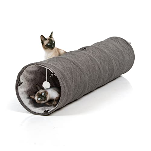 CanadianCat Company | XXL Spieltunnel für Katzen mit Kuschelfell | grau | ca. 35 x 150 cm - Variable Form, integriertes Katzenspielzeug von CanadianCat Company