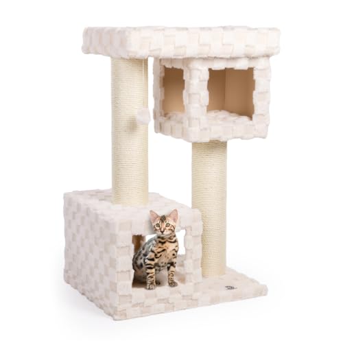 CanadianCat Company | Kratzbaum Clifton 107cm hoch Katzenbaum große Katzen stabil, Katzenkratzbaum, Katzen Kratzbrett, einzigartiges Karo-Plüschmuster, Katzenhöhle, Beige von CanadianCat Company