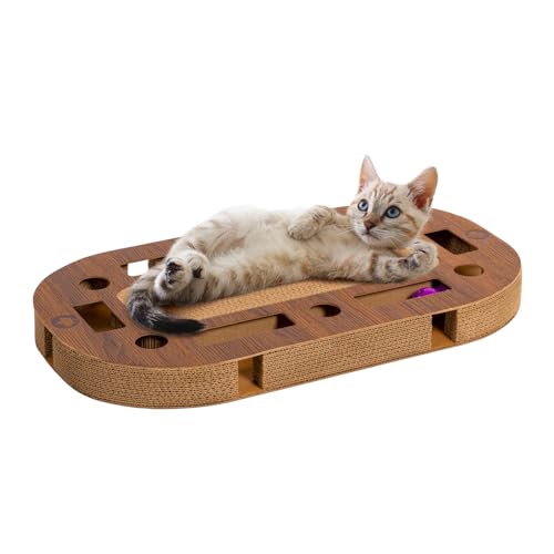 CanadianCat Company | PlayPlate Katzenspielplatz 65 x 35 x 5,8 cm mit integrierter Kratzpappe, interaktives Katzenspielzeug Kratzbrett in Holzoptik Kratzkarton von CanadianCat Company