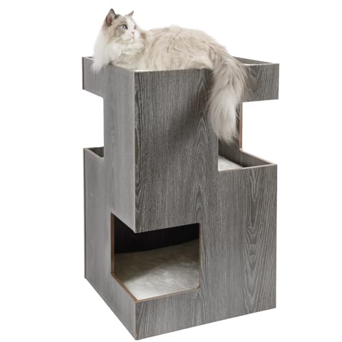 CanadianCat Company | Premium Katzenbett, Katzenhöhle Cat Castle Katzenturm mit Katzenhöhlen aus Holz, inkl. 3 Liegekissen, dunkelgrau, 50 x 50 x 80 cm von CanadianCat Company