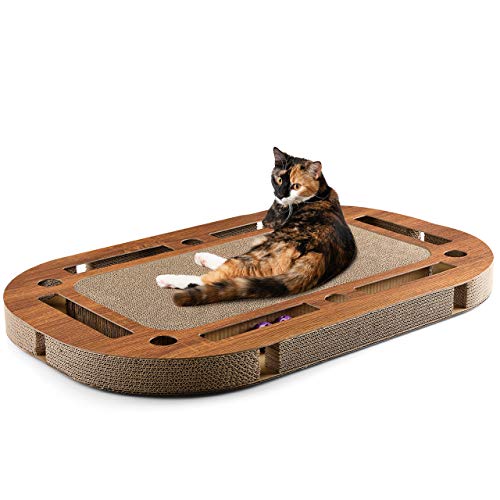 CanadianCat Company | XXL Katzenspielplatz 85 x 54 x 5,8 cm mit integrierter Kratzpappe, interaktives Katzenspielzeug Kratzbrett in Holzoptik Kratzkarton von CanadianCat Company