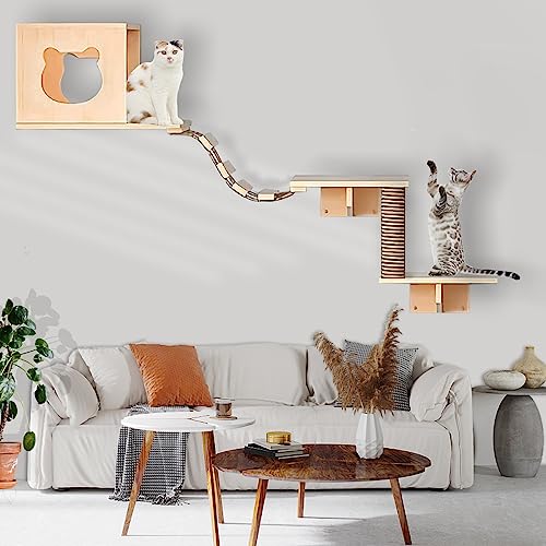 Cat Wall Shelves, Cat Wall Shelves and Perch for Wall, Cat Furniture Wall Mounted Cat Furniture 1 Cat Condos House, 2 Cat Wall Shelves, 1 Cat Scratching Post, 1 Cat Bridge Ladder von Canormpet