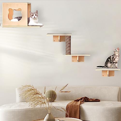 Katzen-Wandregale, Katzenwandmöbel, Katzenregale und Sitzstangen für Wand, Katzenwandstufen Set mit 1 Katzenhüttenhaus, 3 Katzen-Sitzstangen, 1 Sisal-Katzenkratzbaum (C) von Canormpet