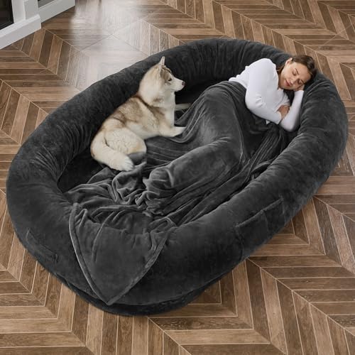 Hundebett für Erwachsene, Beanbag-Bett für Erwachsene, riesiges Hundebett, Haustierbetten für große Hunde mit waschbarem Kunstfellbezug, flauschige Hundebohnen (grau) von Cansunna