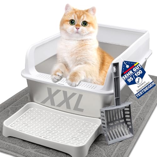 Katzenklo Edelstahl XXL, 61x 41x 31CM Katzentoilette Edelstahl Große Kapazität Auslaufsicher Gegen Verschüttungen Katzenklo mit Katzenstreuschaufel und Doppelschicht Matte, Anti-Leckage Sand Pedal von Caossuixin