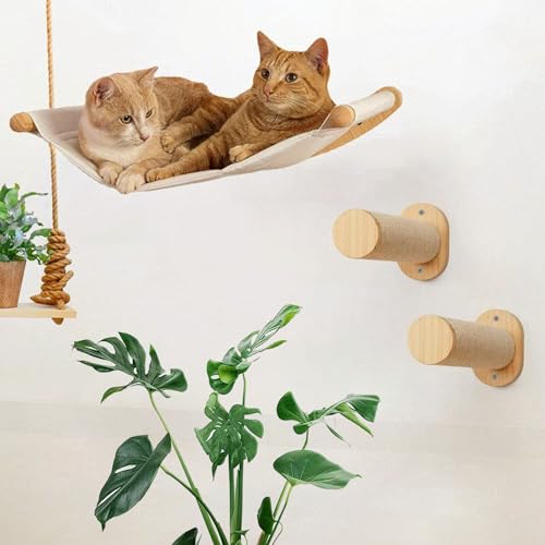 Caossuixin Katzen Kletterwand Set, 53cm x 47cm Beinhaltet 1 Katzenhängematte und 2 Katzenleiter, Hängematte aus Massivholz Kängematten Katzenwand, Katzen Wandelemente zum Schlafen, Ausruhen, Spielen von Caossuixin