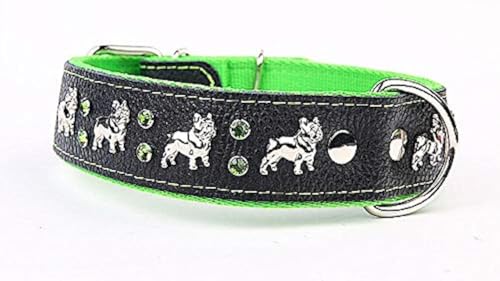 Capadi K0355 Weites Hundehalsband für Bulldoge verziert mit Ornament und Christallsteinen aus echtem strapazierfähiges Leder weich unterlegt, Grün, Breite 40 mm, Länge 45 cm von Capadi